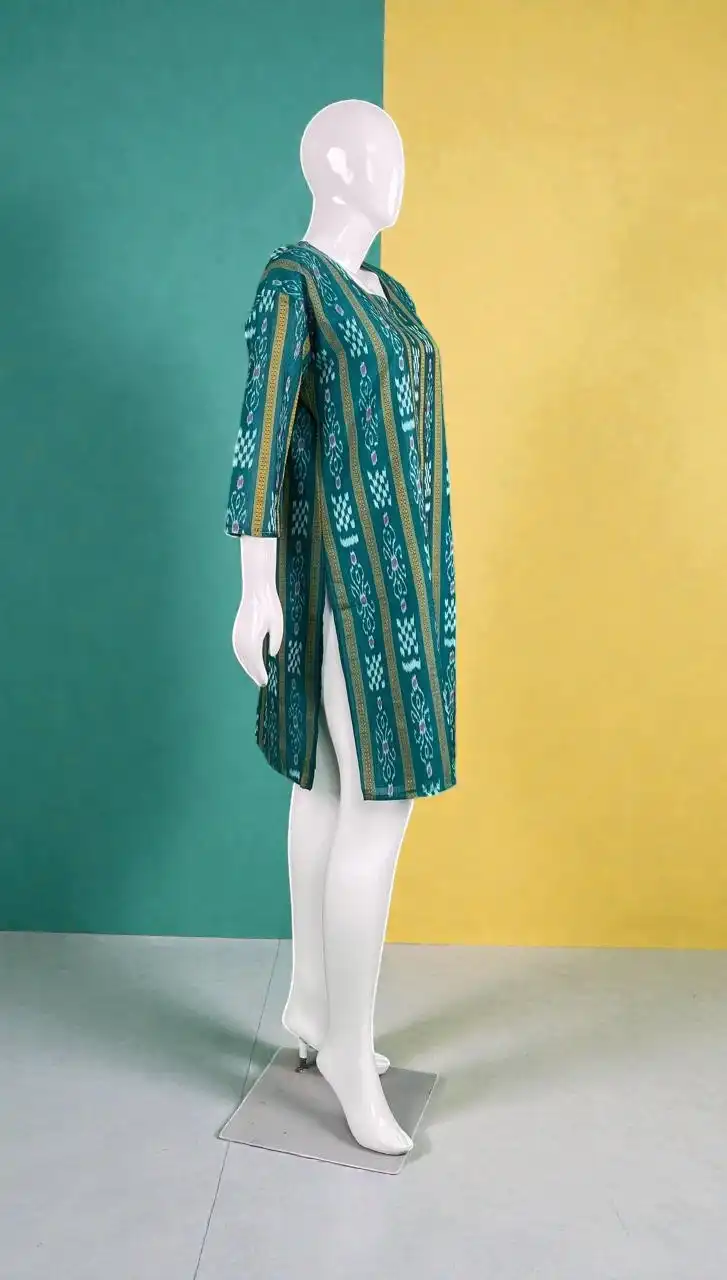 Sambalpuri Ikat Floral Peacock Teal-Odisha Handloom Kurti view 2