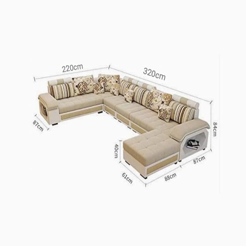 Starlet Furniture U Shape 9 Seater Fabric Sofa Set with Tea Table & 4 Puffy 9 (Light Brown) view 2