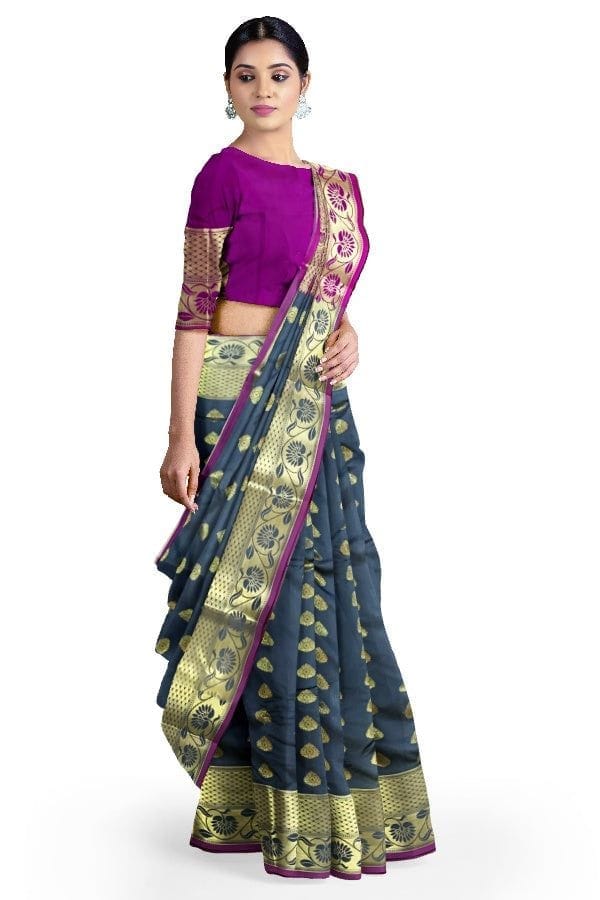 Grey Silk Blend Kanjivaram Saree view 2