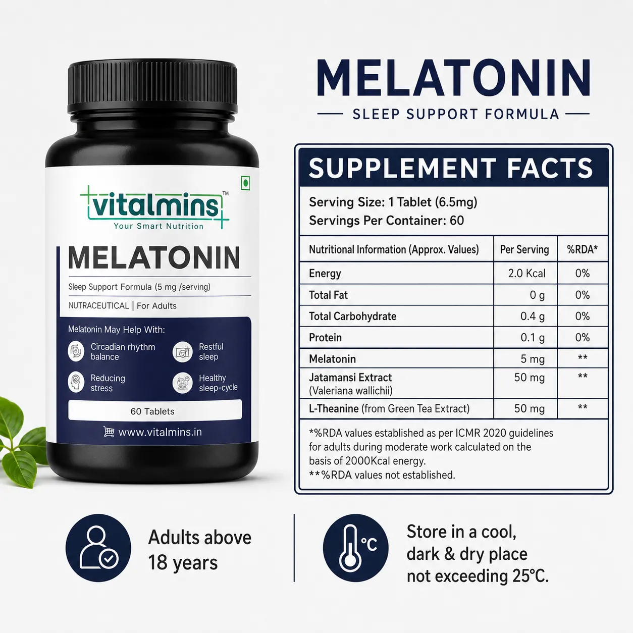 Vitalmins | Your Smart Nutrition | Melatonin | Sleep Support Formula | Circadian Rhythm Balance | Reducing Stress | Restful Sleep | Healthy Sleep-Cycle | Nutraceutical for Adults | 60 Veg Tablets view 2