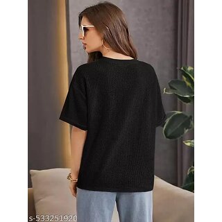 Wexam Style Women Black Printed Round Neck Short Sleeve Top view 2