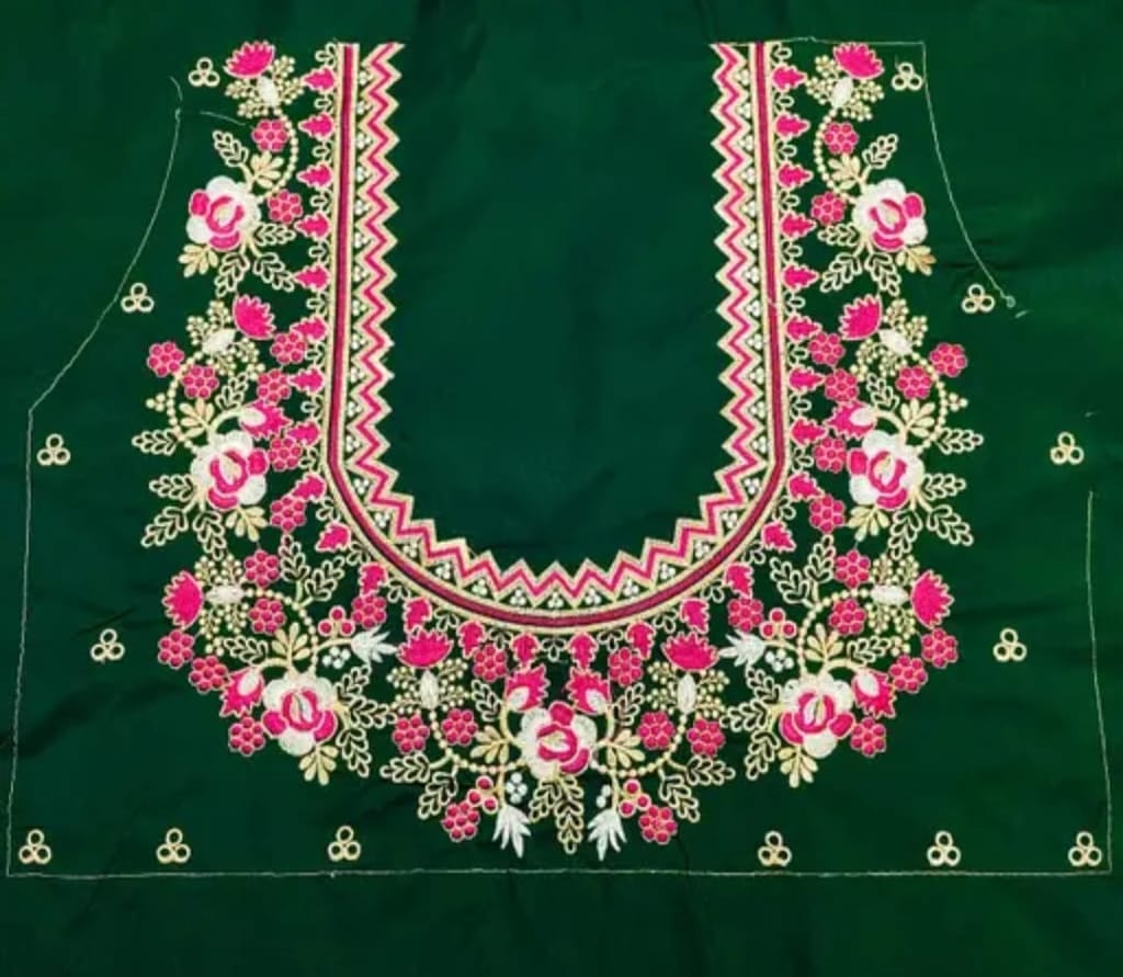 Bottle Green Embroidered Blouse - Un Stiched Blouse - 1 Meter