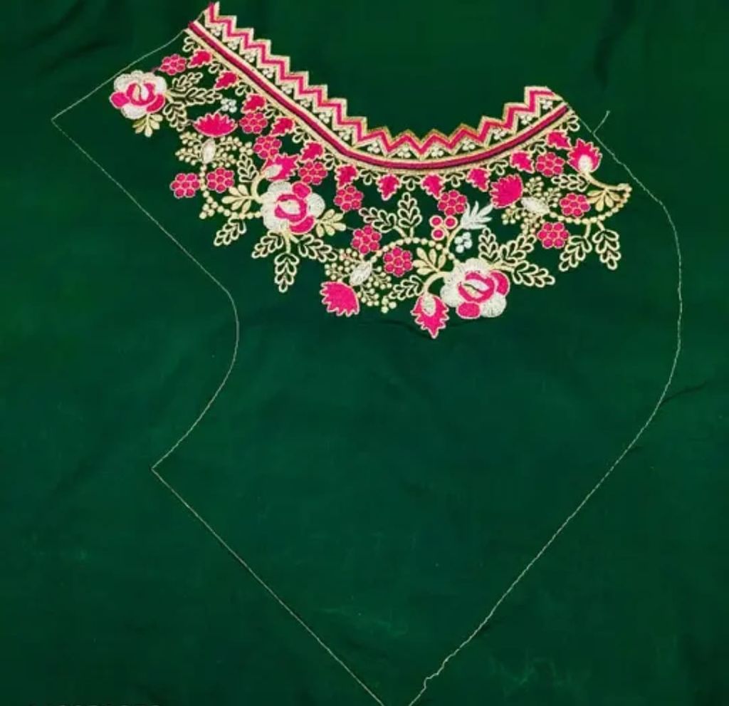 Bottle Green Embroidered Blouse - Un Stiched Blouse - 1 Meter view 2