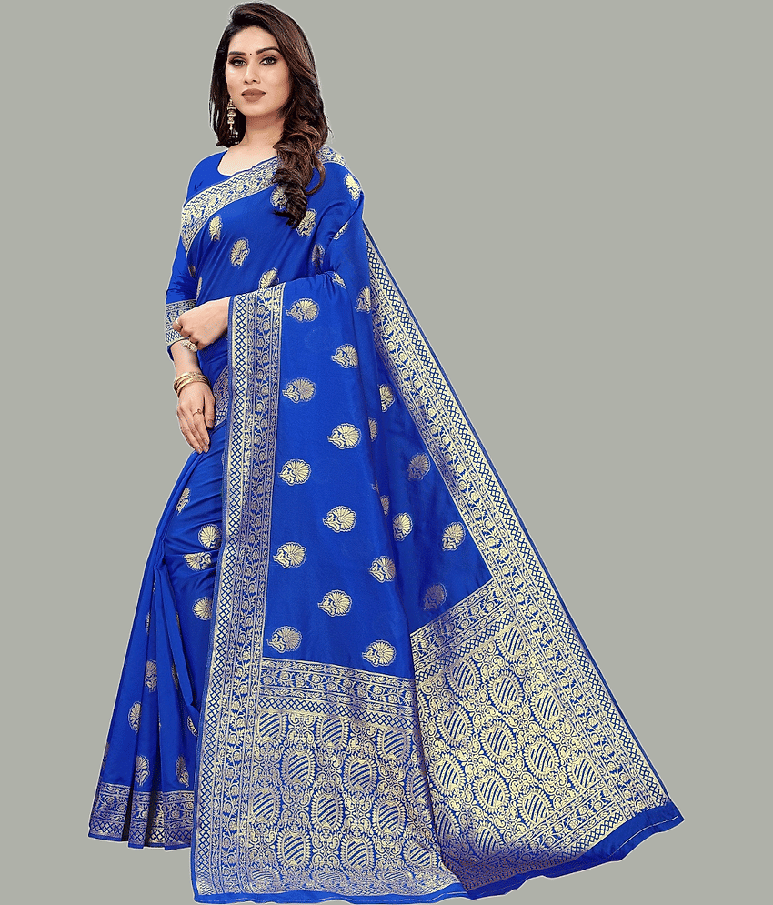 GARIYA Banarasi Silk Embellished Saree With Unstitched Blouse Piece ( Blue ) view 2