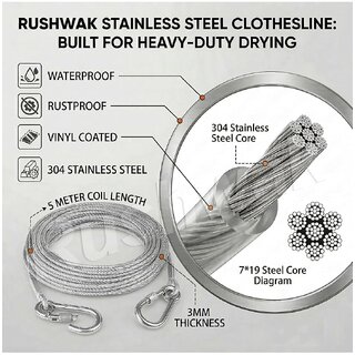 Flexible Steel Dori Rope with Screw-Lock Hooks for Indoor and Outdoor Multi-Use, 5 m, Set of 2 view 2
