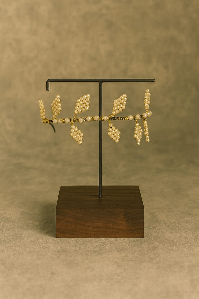 Elegant Pearl & Gold Leaf Bridal Hair Tiara Headband view 2