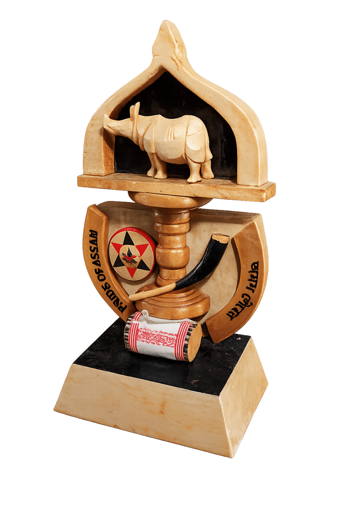 Handcrafted Wooden Pride of Assam Showpiece | Assamese Cultural Decorative Artifact | Rhino, Pepa & Dhol view 2