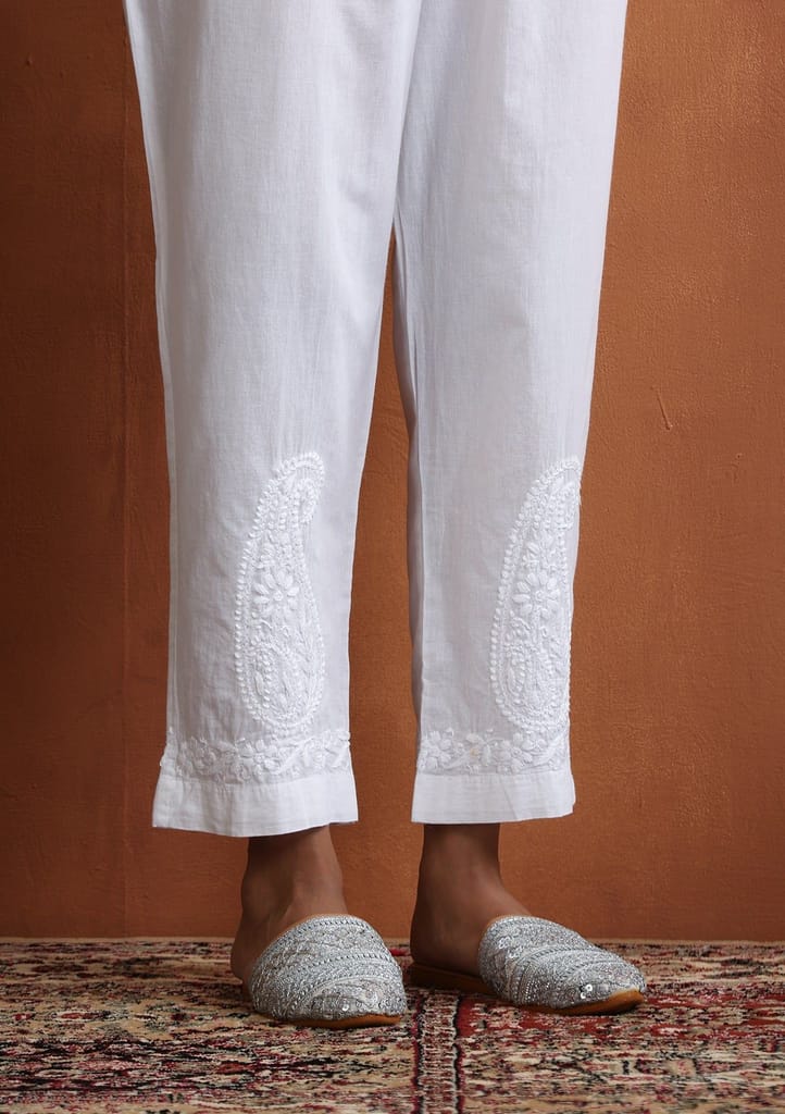 Cotton Chikankari Solid Women's Pants With Lace - White view 2
