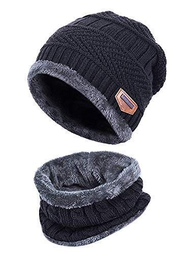 Winter Woolen Knit Fur Lined Beanie Cap Hat Neck Warmer Scarf Skull Cap for Unisex (Men & Women) Winter Cap Free Size | Air Proof Cap with Muffler (Cap + Neck Warmer) (Black) view 2