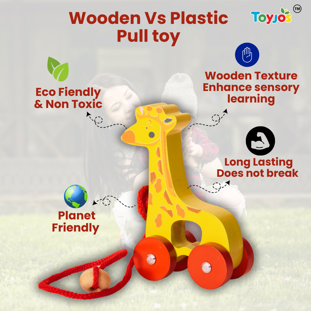 TOYJOS Wooden Pull Along Giraffe Toy for Kids Toddler | Non-Toxic Child-Safe Paints | Early Learning Walking Balance Coordination Skill Development Baby Toys with Pull String Moving Wheels (12 months) view 2