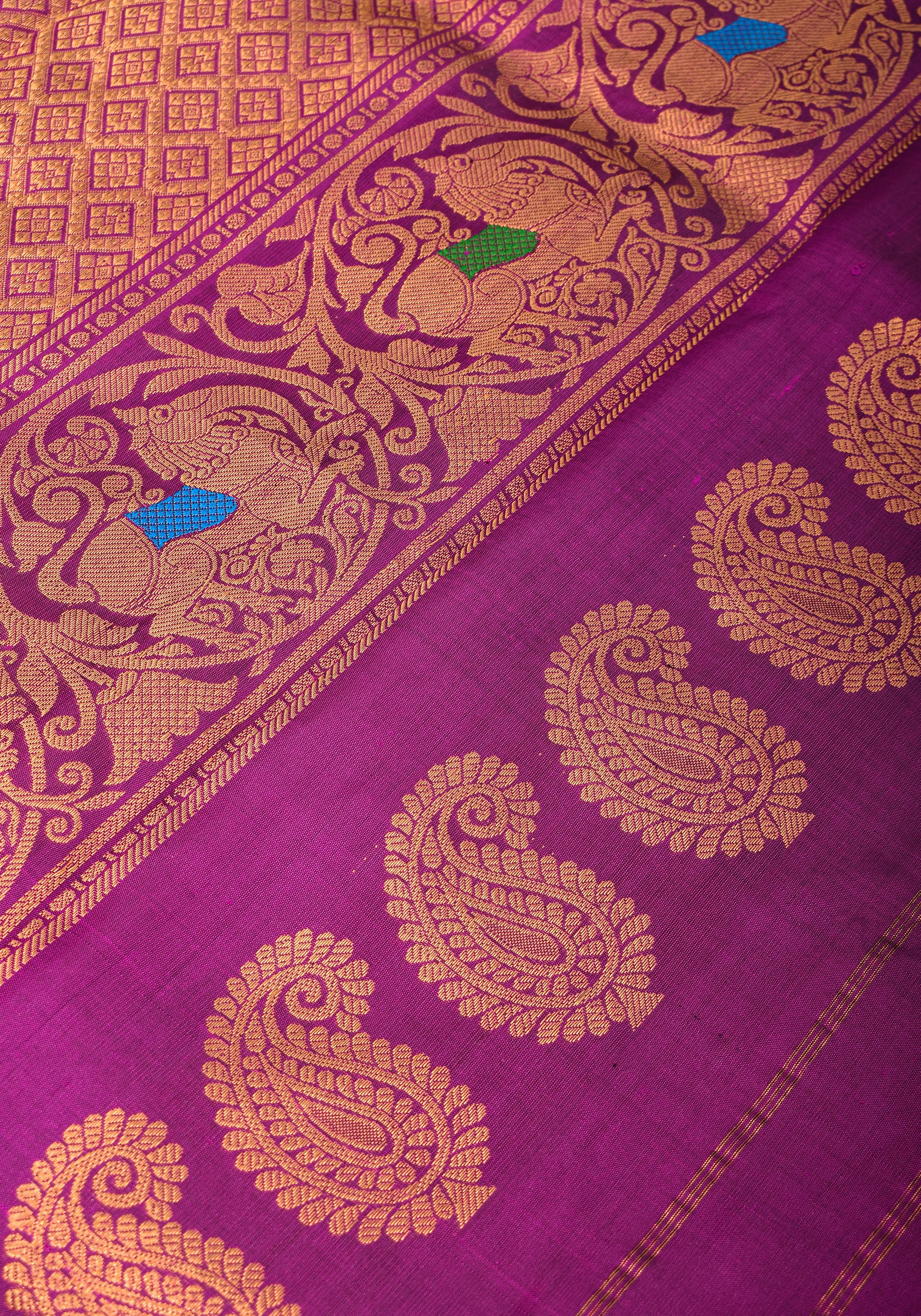 Bright Pink Gadwal Silk Saree with Purple Meenakari Border | SILK MARK CERTIFIED view 2