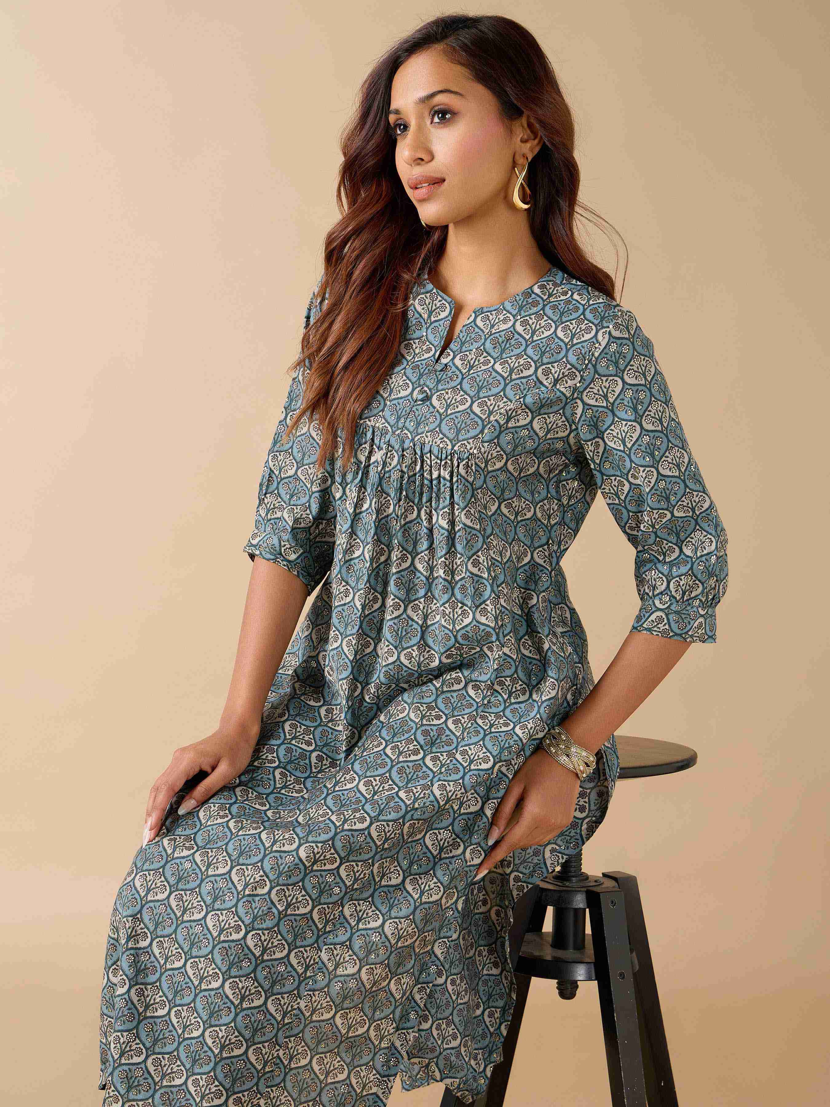 Blue Modal Chanderi Foil Printed Kurti With Sequins Work