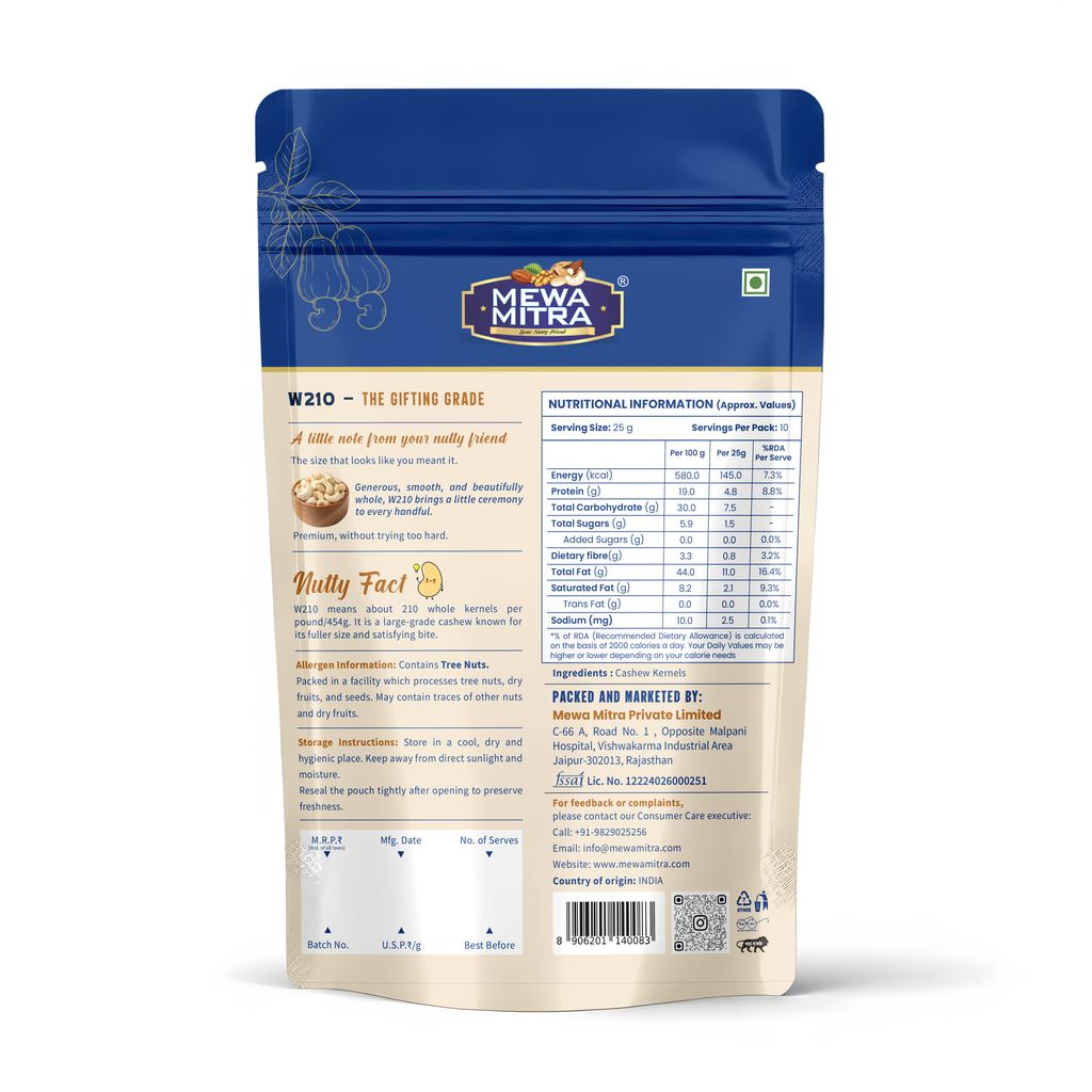 Mewa Mitra Prime Cashews W210 250g | Premium Jumbo Whole Kaju | Natural High Protein Dry Fruits view 2