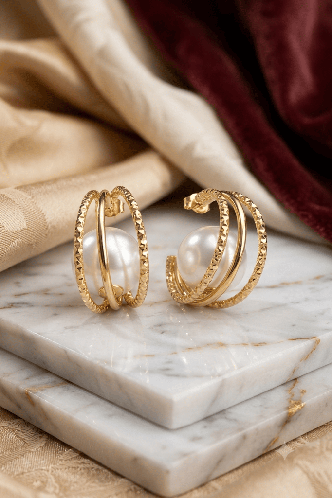 Gold Plated Multi-Layer Hoop Earrings with Large White Pearls view 2