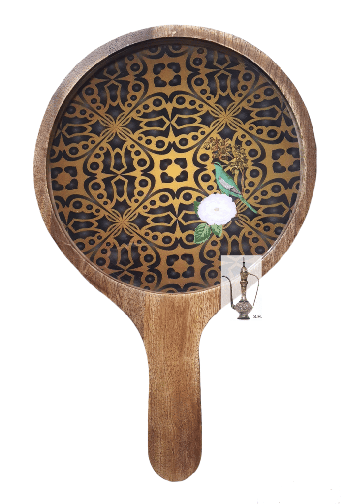 Sara Home Mango Wood Serving Pizza Platter/Chipdip/Dosa/Chees/Snacks Tray Printed Enamel Serving Platter with Handle Appetizer Plate Serving Platter view 2