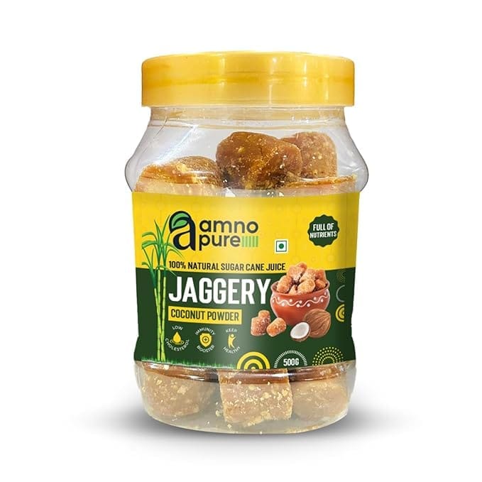 Amno Pure Natural Sugar Cane Jaggery 10G Cube with Coconut | Cholestrol free, Full of Nutrients & 100% Natural - 500G Pet Jar