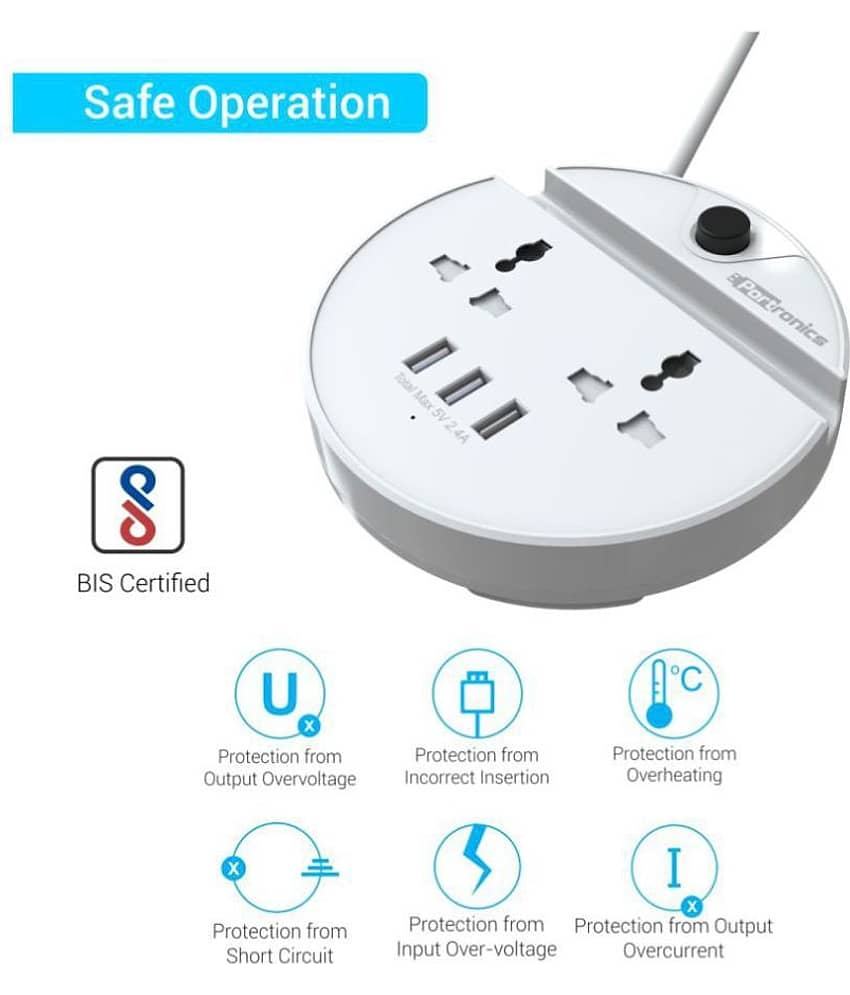 Portronics Power BUN, a Surge Protector with 2 AC Outlets and 3 USB Charging Ports Plus a Phone Docking Station, 1.5 Meter Power Cord, LED Indicator, White view 2
