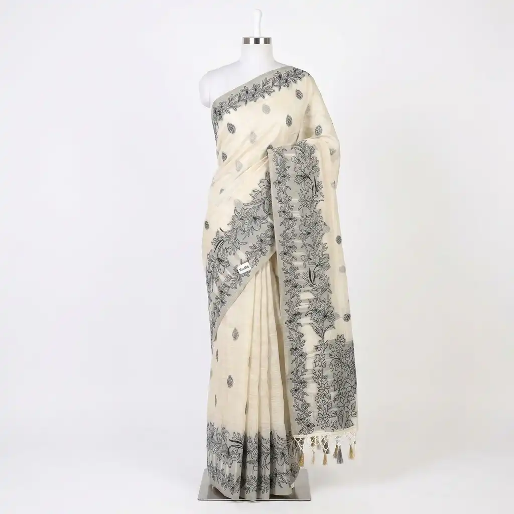 Sambalpuri Floral Print Black Odisha Tussar Cotton Saree