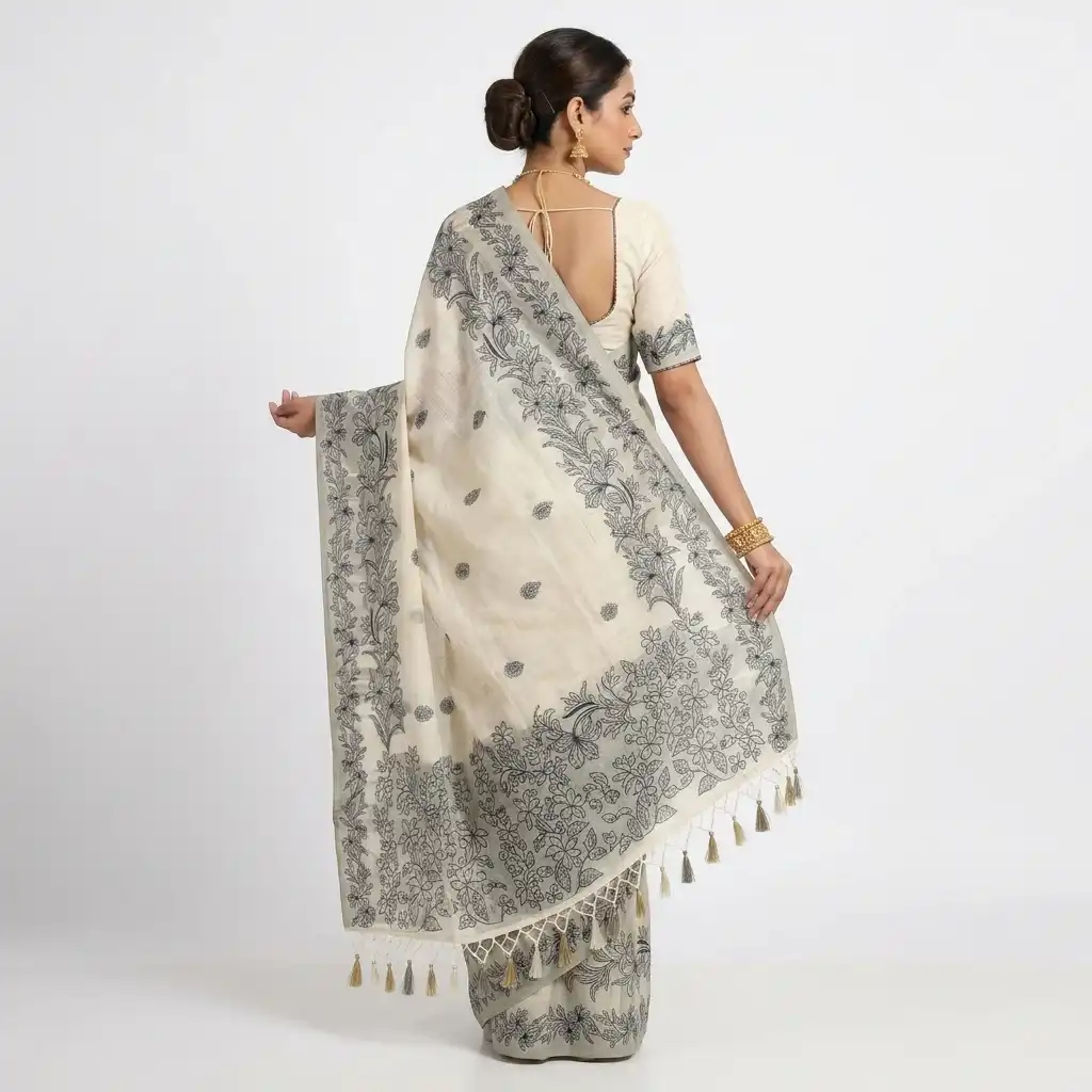 Sambalpuri Floral Print Black Odisha Tussar Cotton Saree view 2