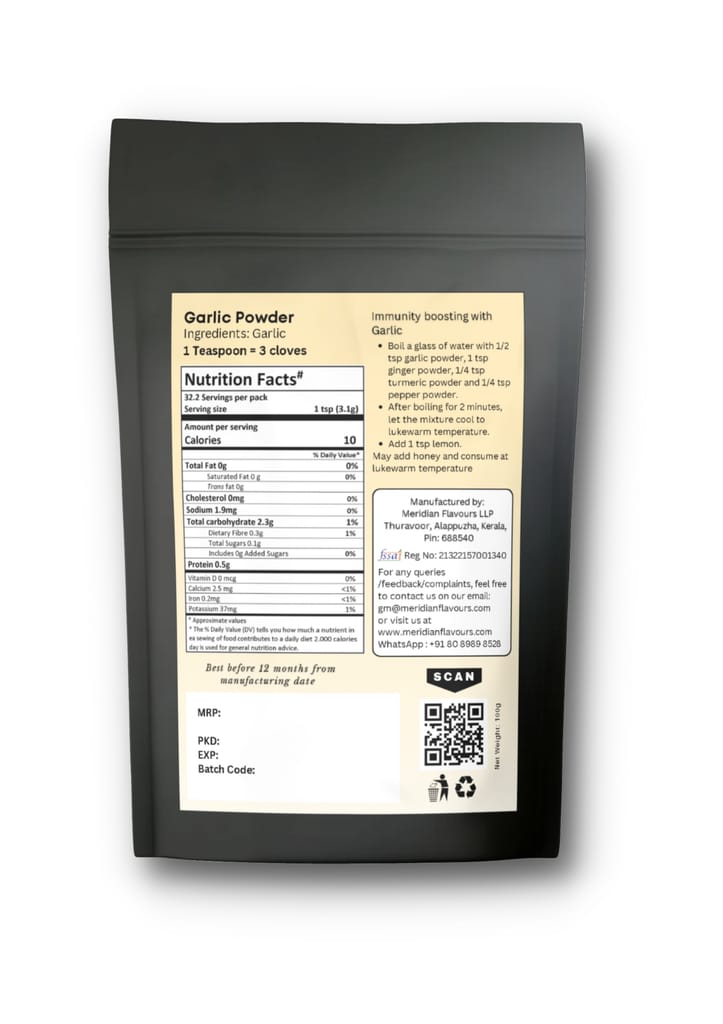 Meridian Flavours Dehydrated Garlic Powder | Washed and Cleaned | Outer Skin Removed | 100% Natural and Preservatives Free | 1 Teaspoon Powder = 3 Garlic Cloves | (Garlic Powder, 100gm) view 2