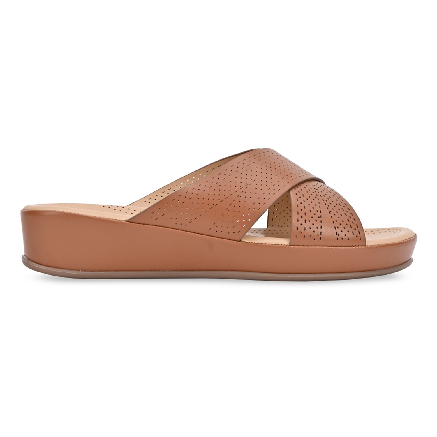 Tan Women Comfort Laser Cut Cross Strap Flats view 2