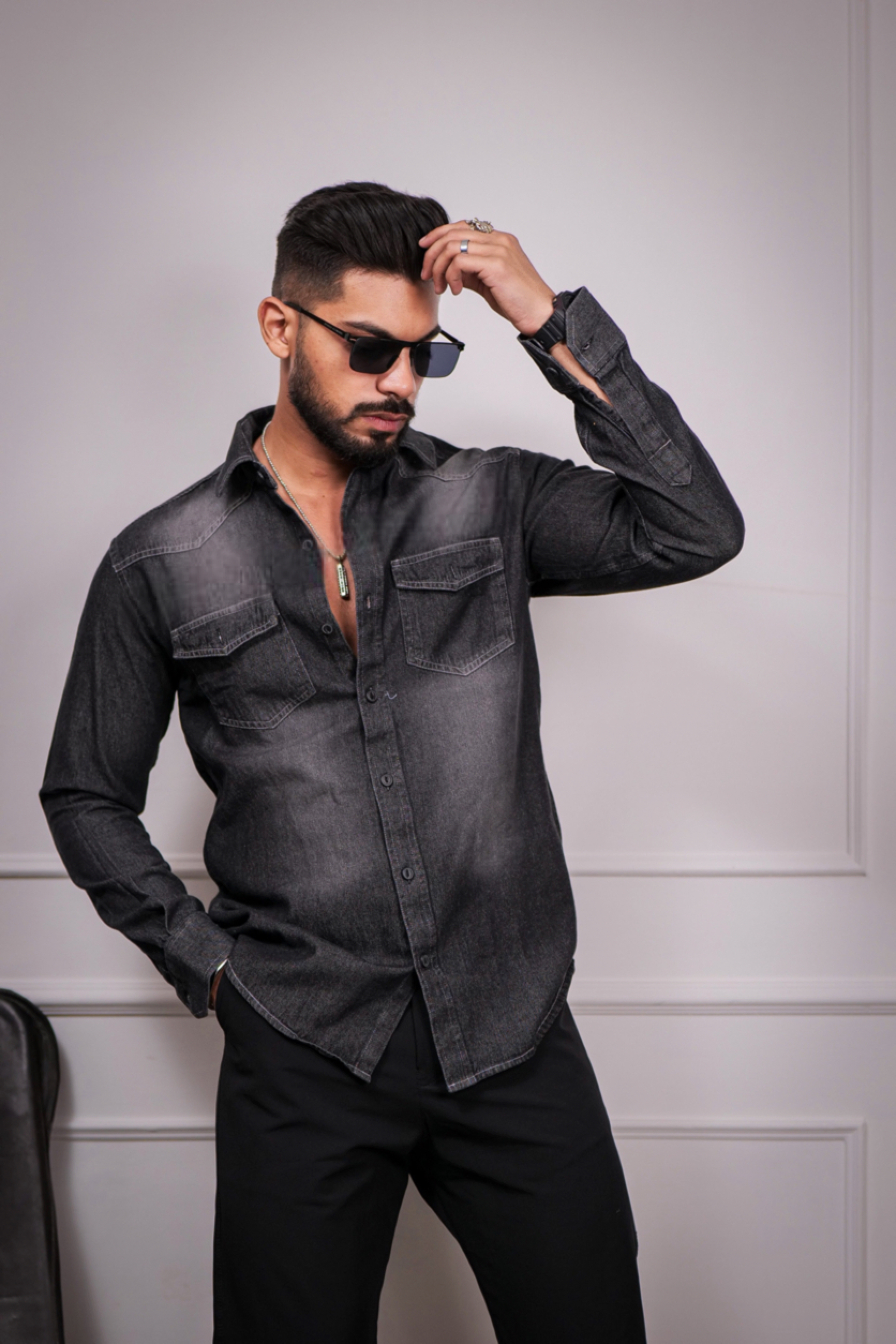 Black Denim Double Pocket Full Sleeve Shirt view 2