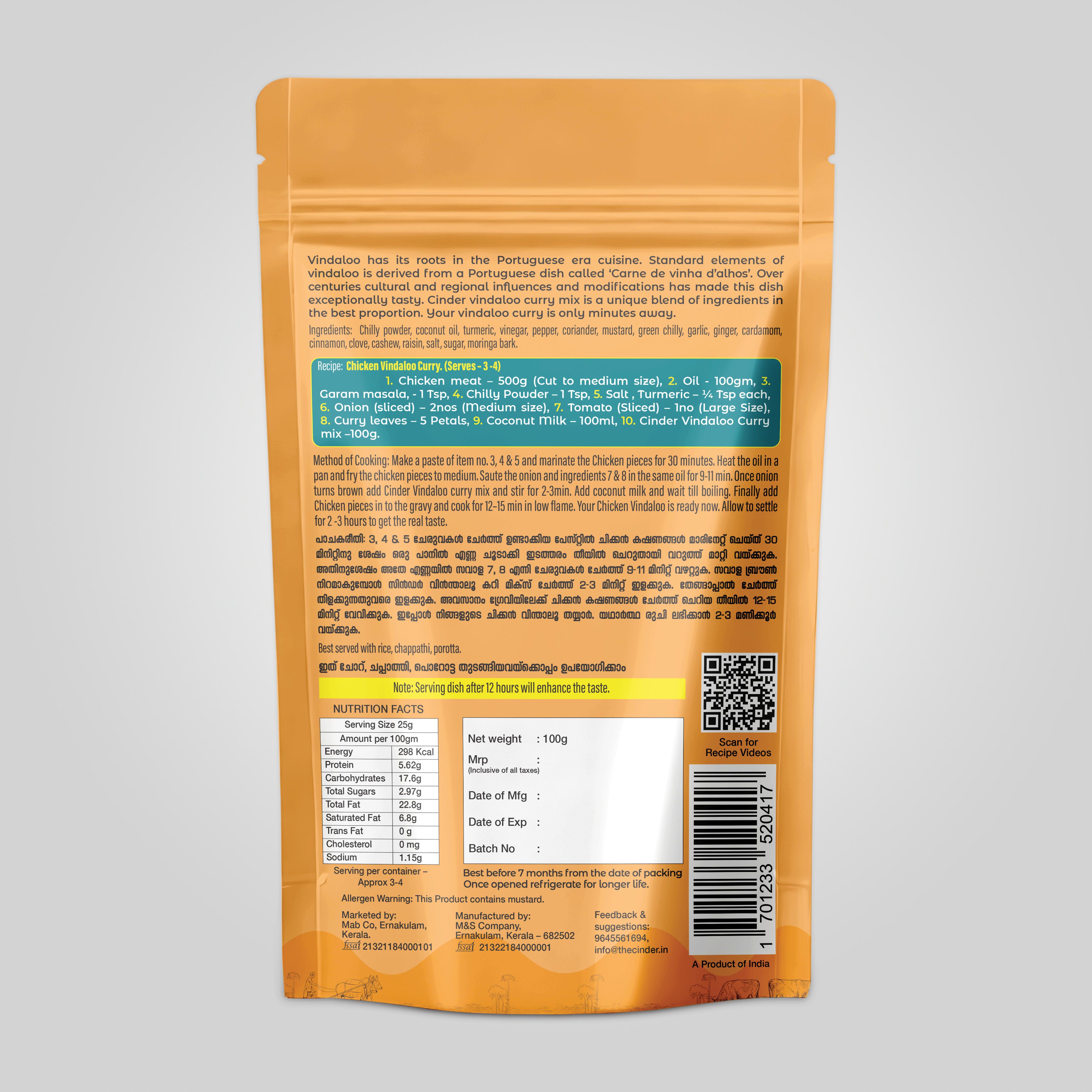 CINDER CHICKEN VINDALOO CURRY PASTE - 100G view 2