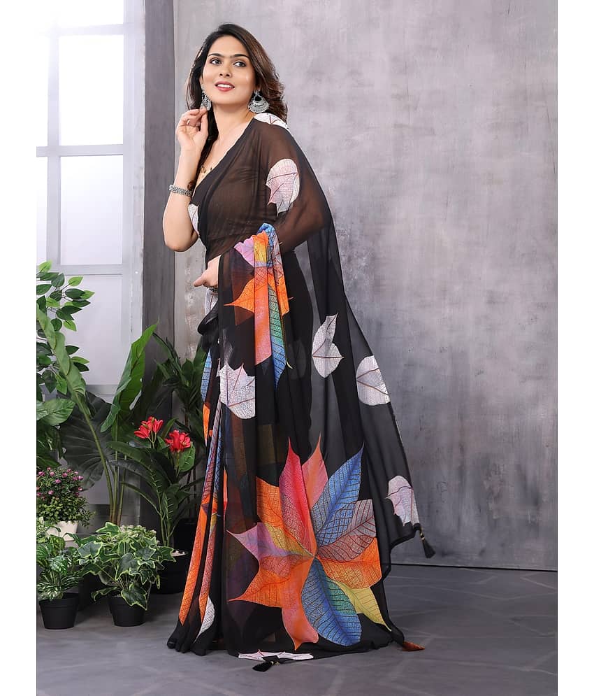 BLEESBURY Chiffon Printed Saree With Unstitched Blouse Piece ( Black ) view 2