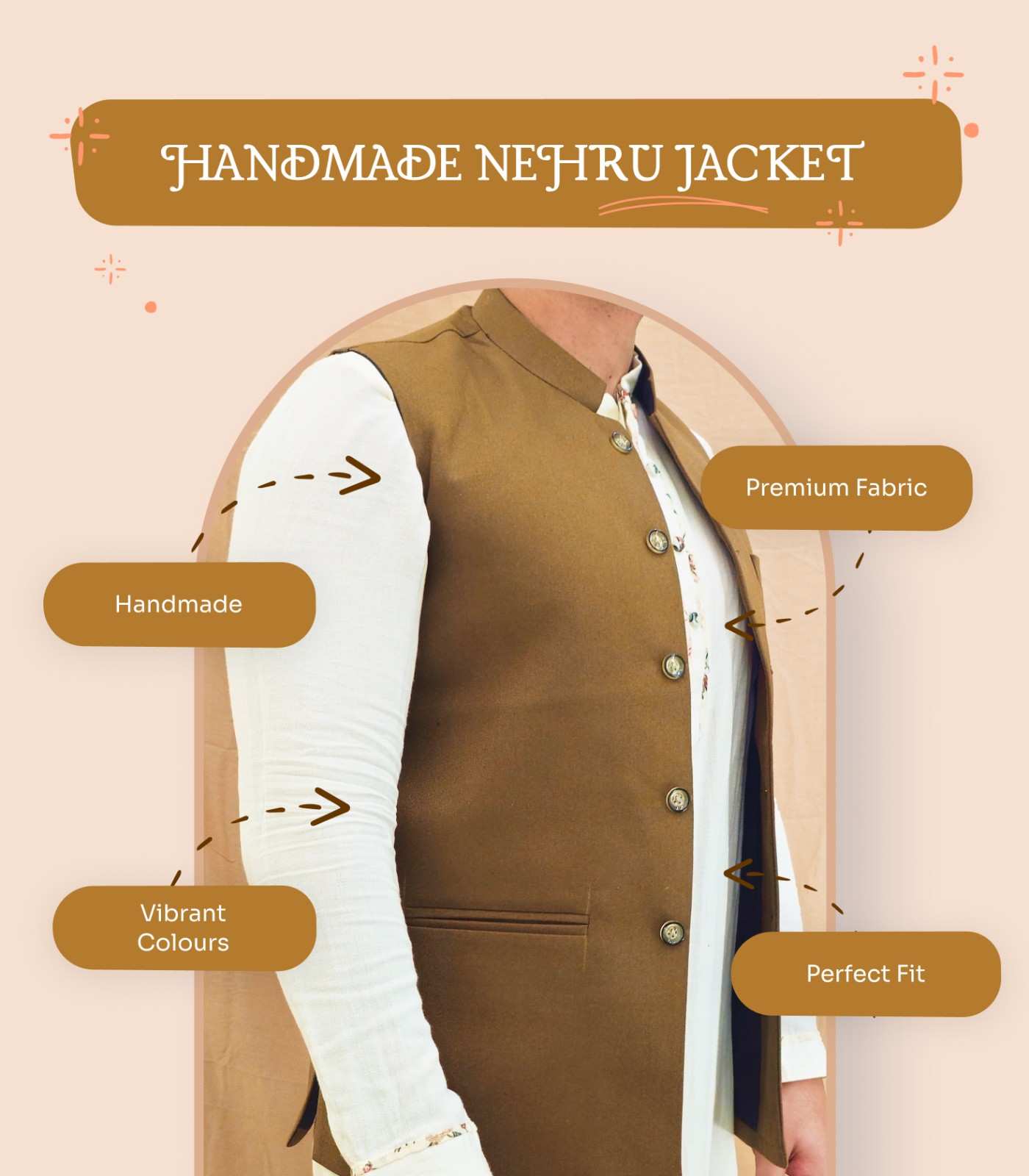 Handmade Nehru Jacket for Men to Match Your Style - Tan view 2