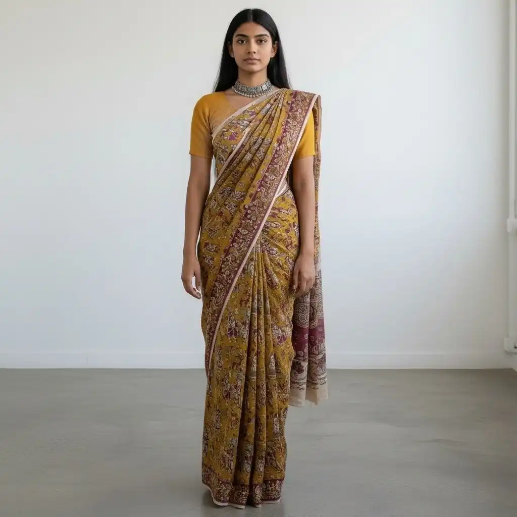 Mustard Mulmul Cotton Kalamkari Saree with Magenta Pallu, Pedana