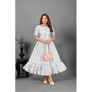 Fancy Flair Women White Short Sleeve Polkadot Fit Flare Dress