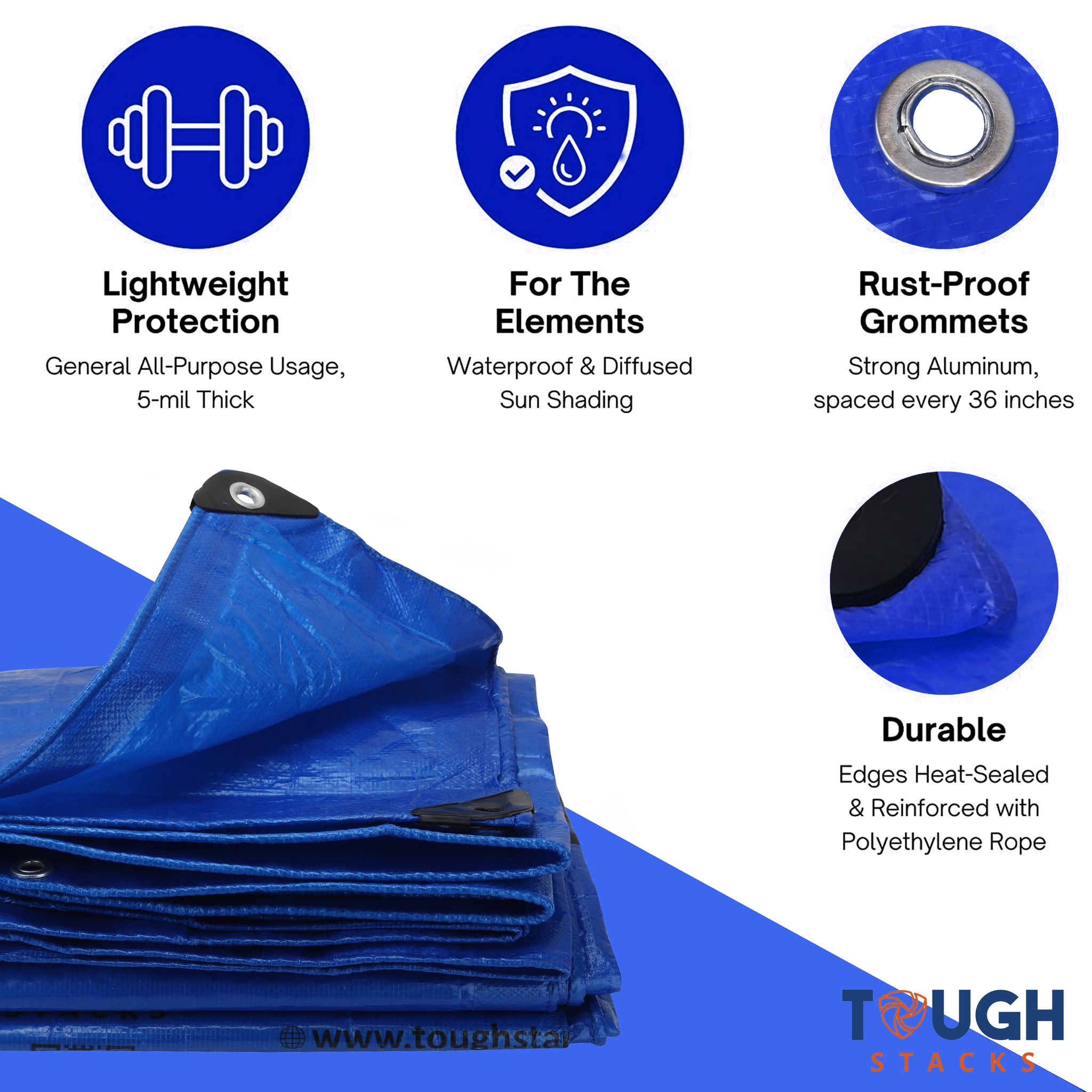 Toughstacks 150 GSM Blue Tarpaulin Tirpal Tadpatri Tharpai Thadika Tarp | Waterproof, UV Resistant, Rot/Rip/Tear Proof, Reinforced Eyelets Strong Tarpaulin for Multi-Purpose | view 2