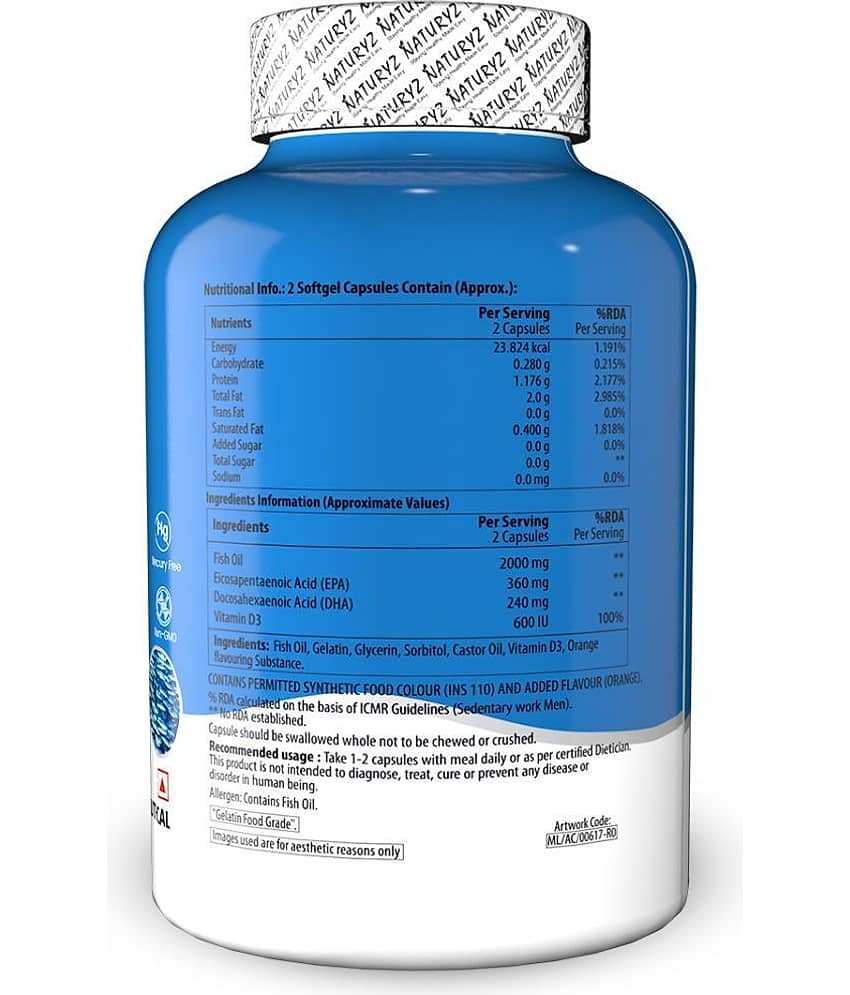 NATURYZ BURPFREE OMEGA 3 Fish Oil 2000 Mg with Vitamin D3 for Skin, Eyes, Heart & Brain -60 Softgels view 2