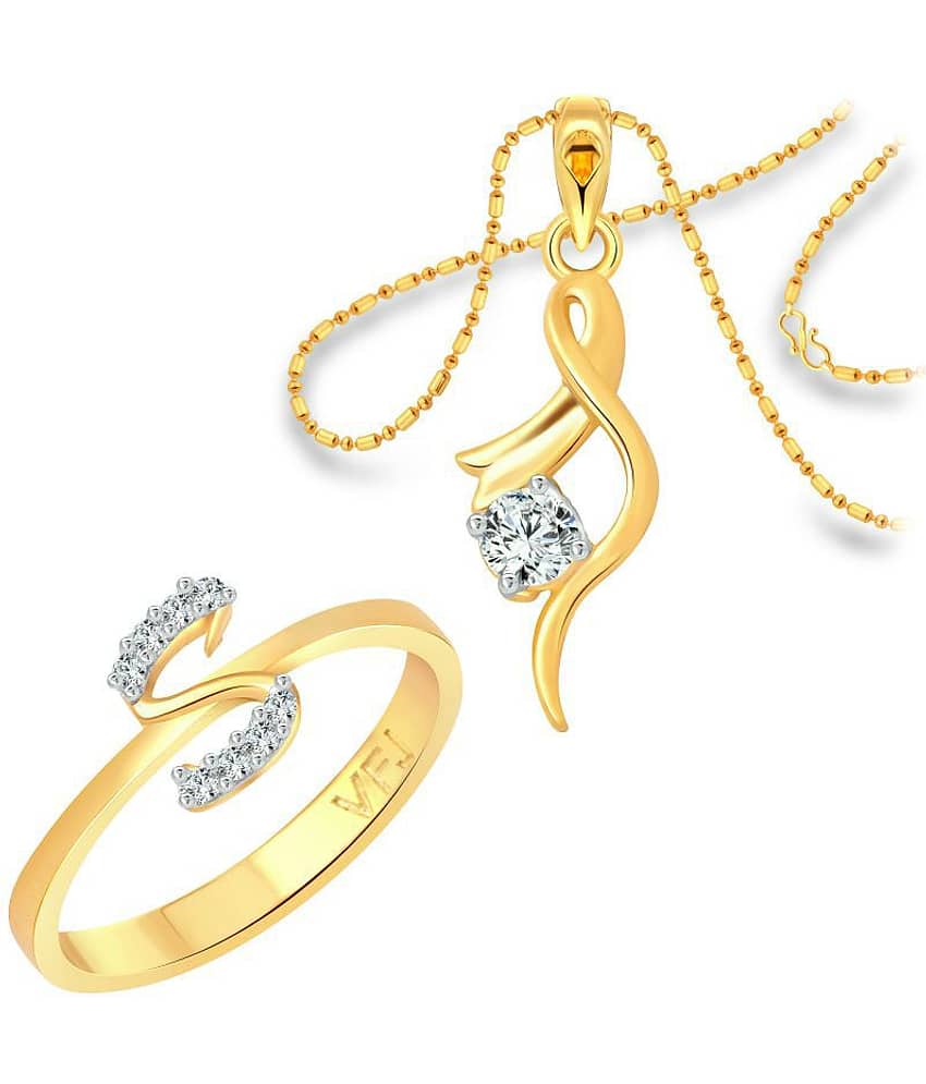 Vighnaharta "S" Letter Ring with Solitaire Pendant (1191FRG-1214PG) CZ Gold and Rhodium Plated Alloy Combo set for Women and Girls- VFJ1169RPG8