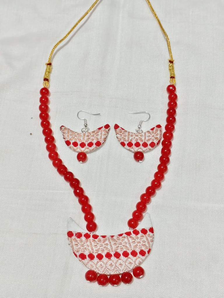Traditional Assamese Fabric Crescent Pendant Red Bead Necklace & Earring Set view 2