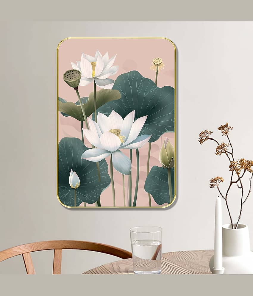 Saf Elegant White Lotus Wall Art | Botanical Floral Painting with Green Leaves & Golden Frame | Large Decorative Wall Hanging for Bedroom Living Room Hallway Meditation Space