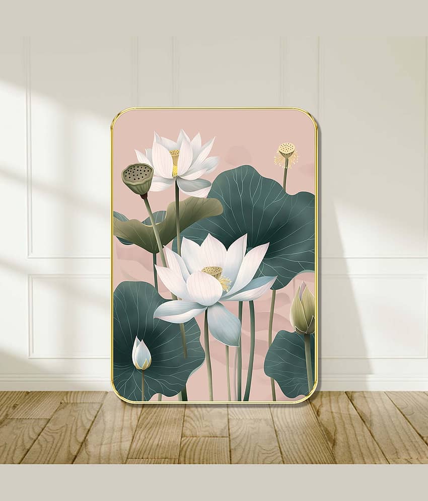 Saf Elegant White Lotus Wall Art | Botanical Floral Painting with Green Leaves & Golden Frame | Large Decorative Wall Hanging for Bedroom Living Room Hallway Meditation Space view 2