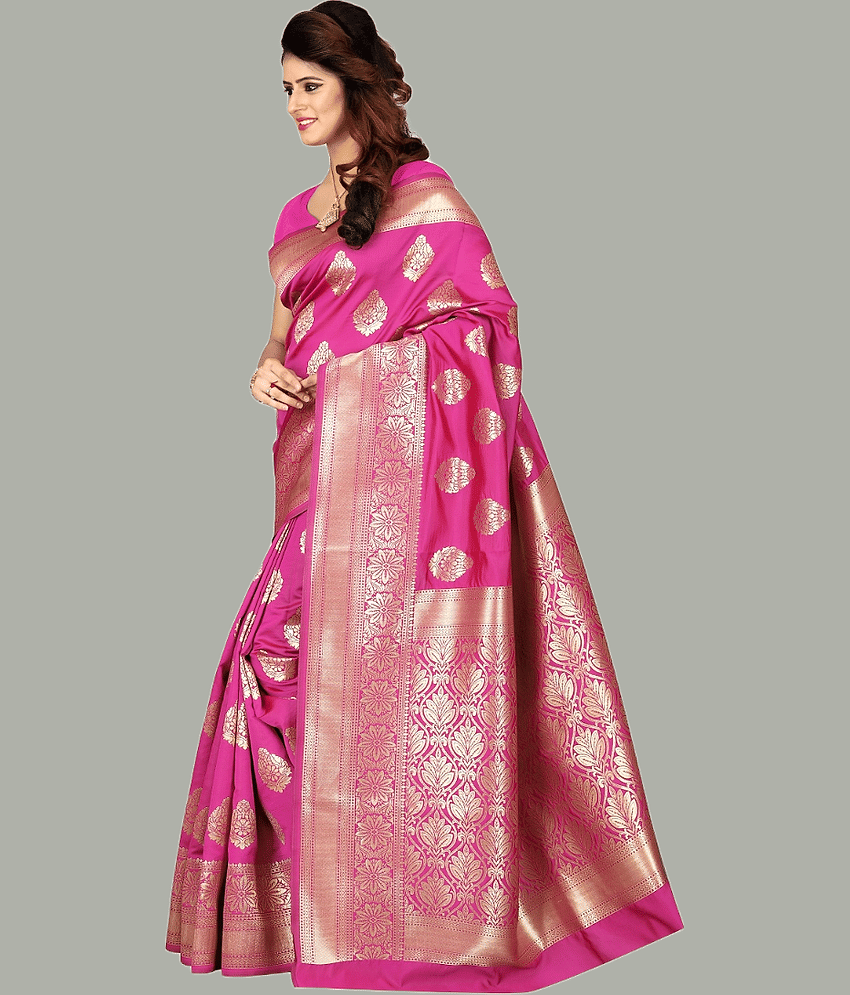 GARIYA Banarasi Silk Woven Saree With Unstitched Blouse Piece ( Rani )