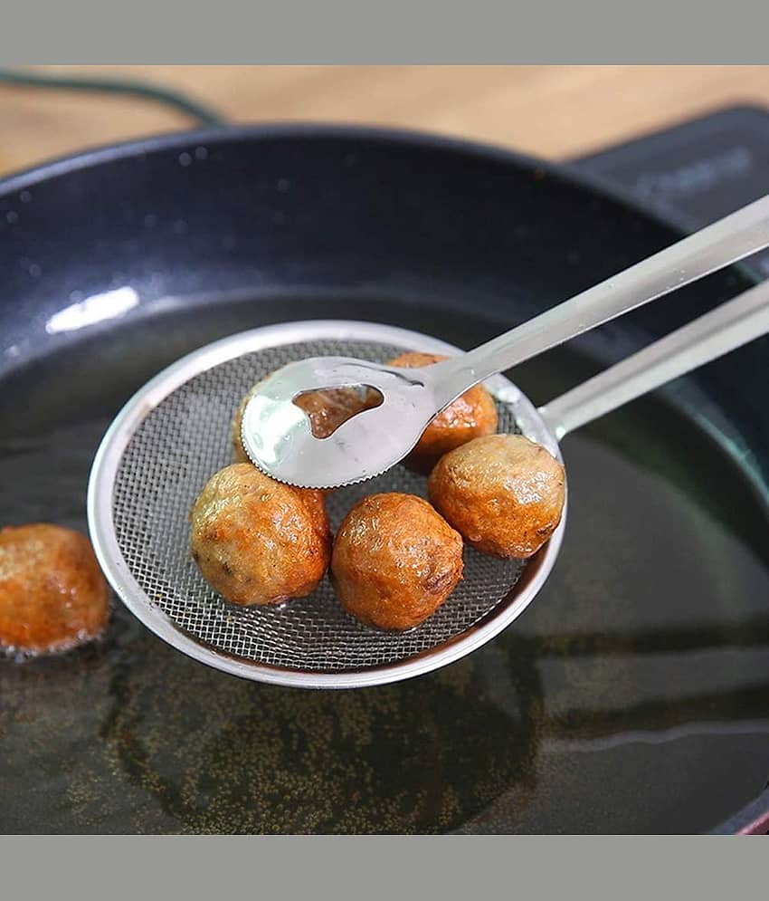 THRIFTKART - Multi-Functional 2 in 1 Fry Tool Filter Spoon Strainer with Clip Oil Frying BBQ Filter Stainless Steel view 2