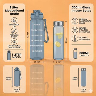 Hydration Duo 1 Litre Leakproof Sipper Bottle with Time Marker Mini 300ml Stylish Glass Bottle for Office, Gym
