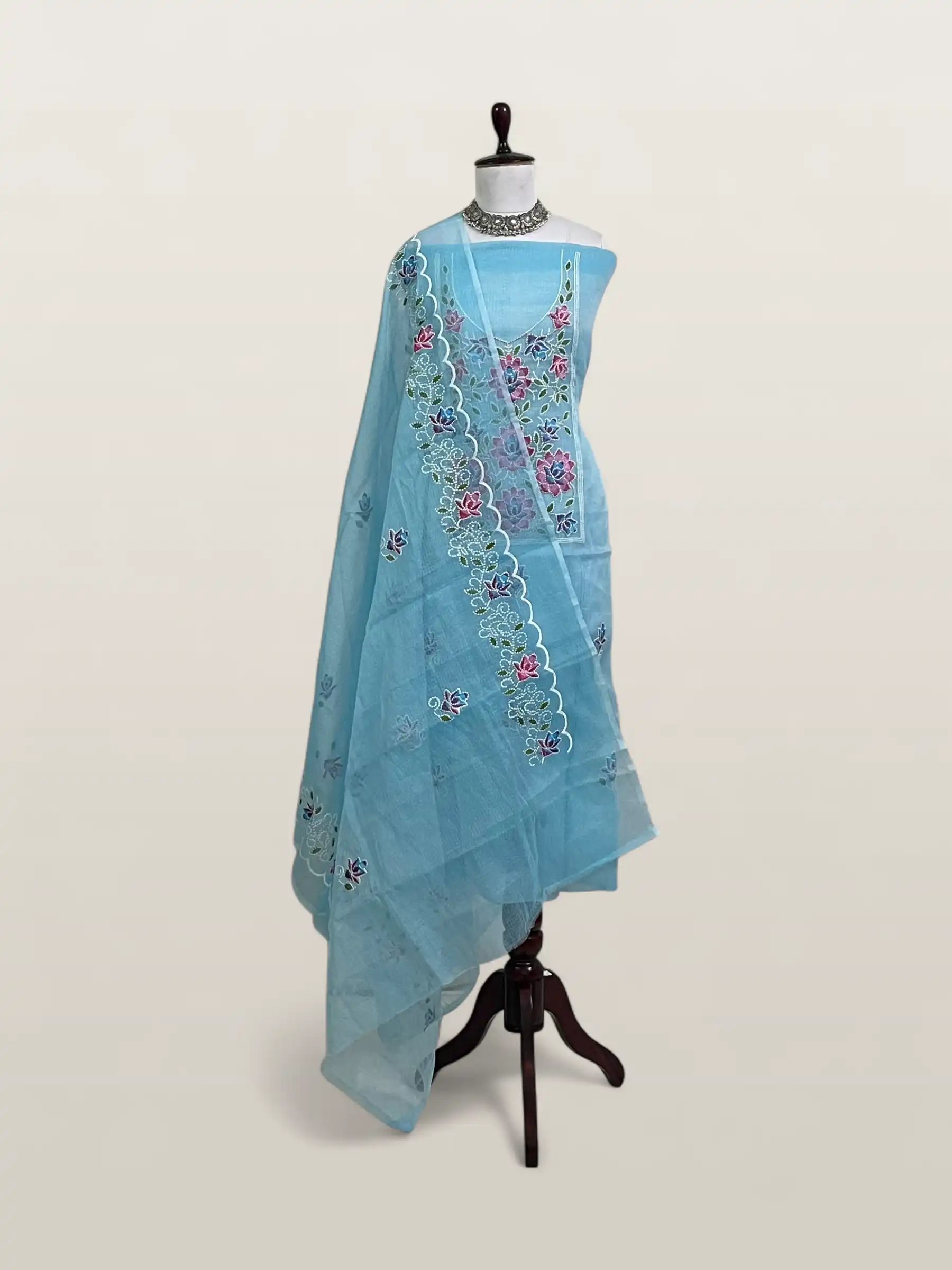 Kota Doria Dress Material Sky Blue Floral Bouquet view 2