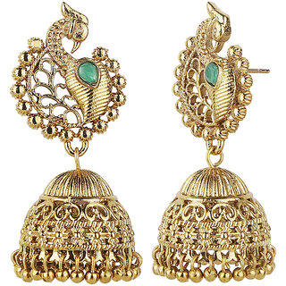 Traditional Peacock Dome Jhumki Golden Green Alloy Brass Copper Earrings for Women's Fashion Jewelry view 2