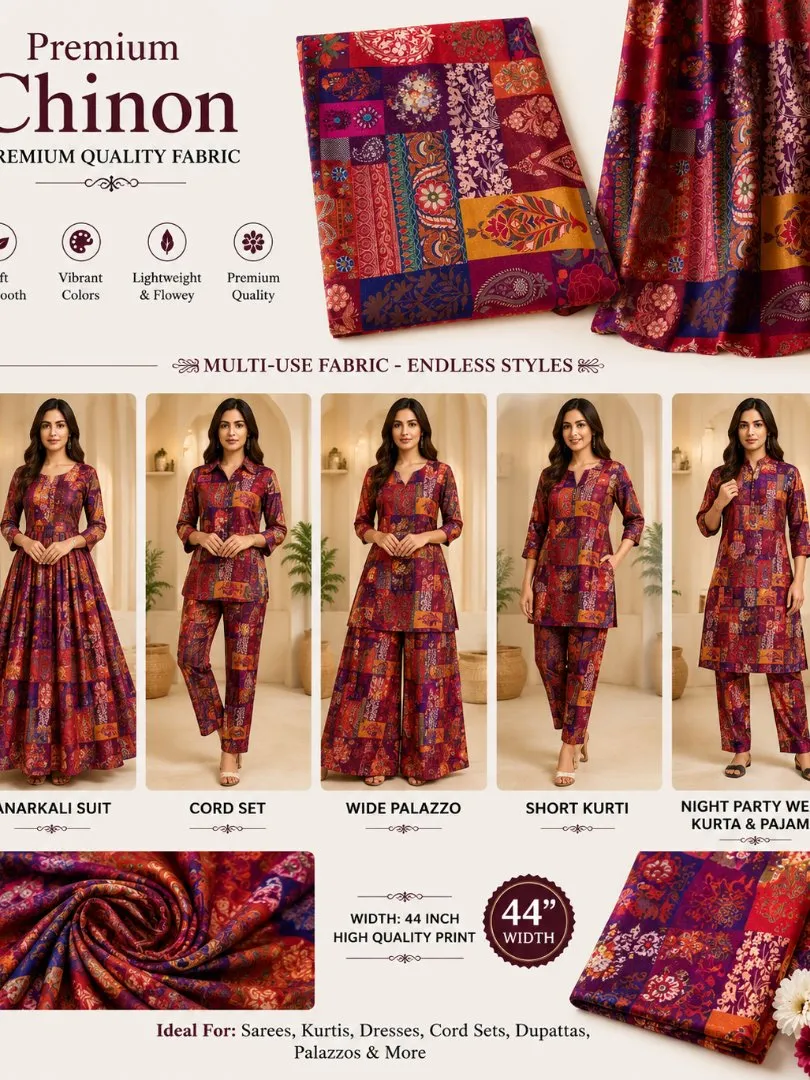 UneR Premium Chinon Printed Fabric for Women | Multicolor Patchwork Floral Print | 5 Meter | 44 Inch Width | Soft Lightweight Unstitched Dress Material view 2