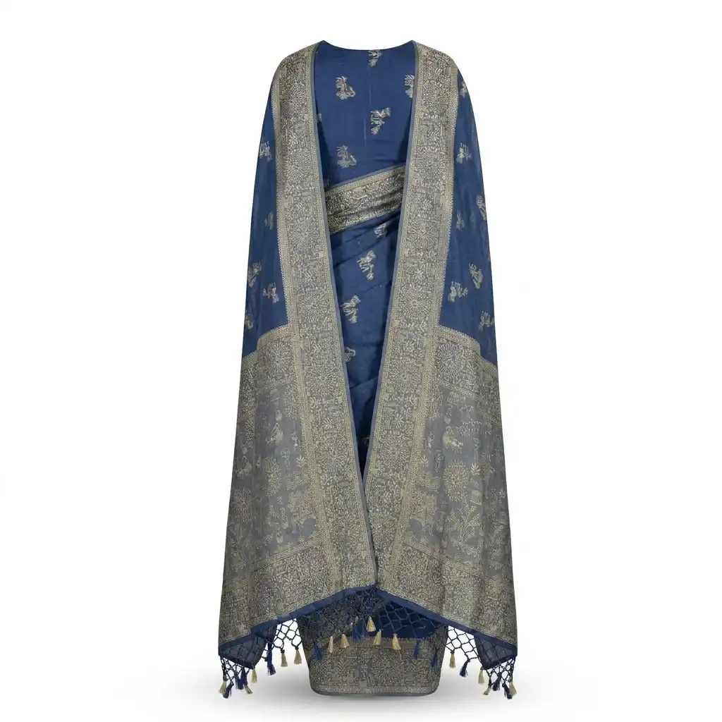 Blue Printed Odisha Handloom Saree | Ethnic Woven Cotton view 2