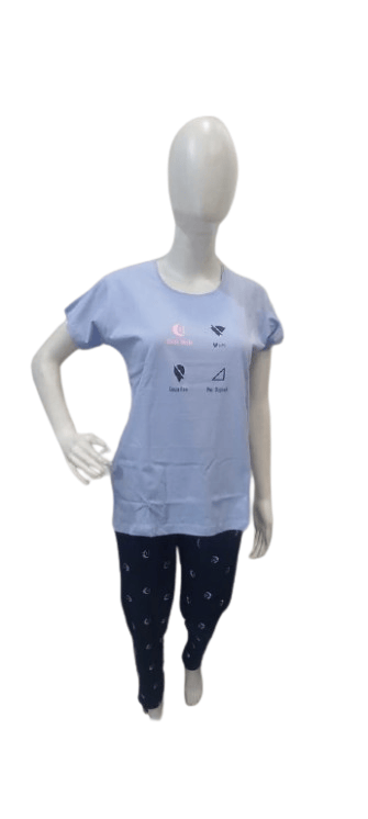 Women’s Cotton Nightwear Set – Light Blue Sleep Mode Printed Top & Navy Pajama Combo