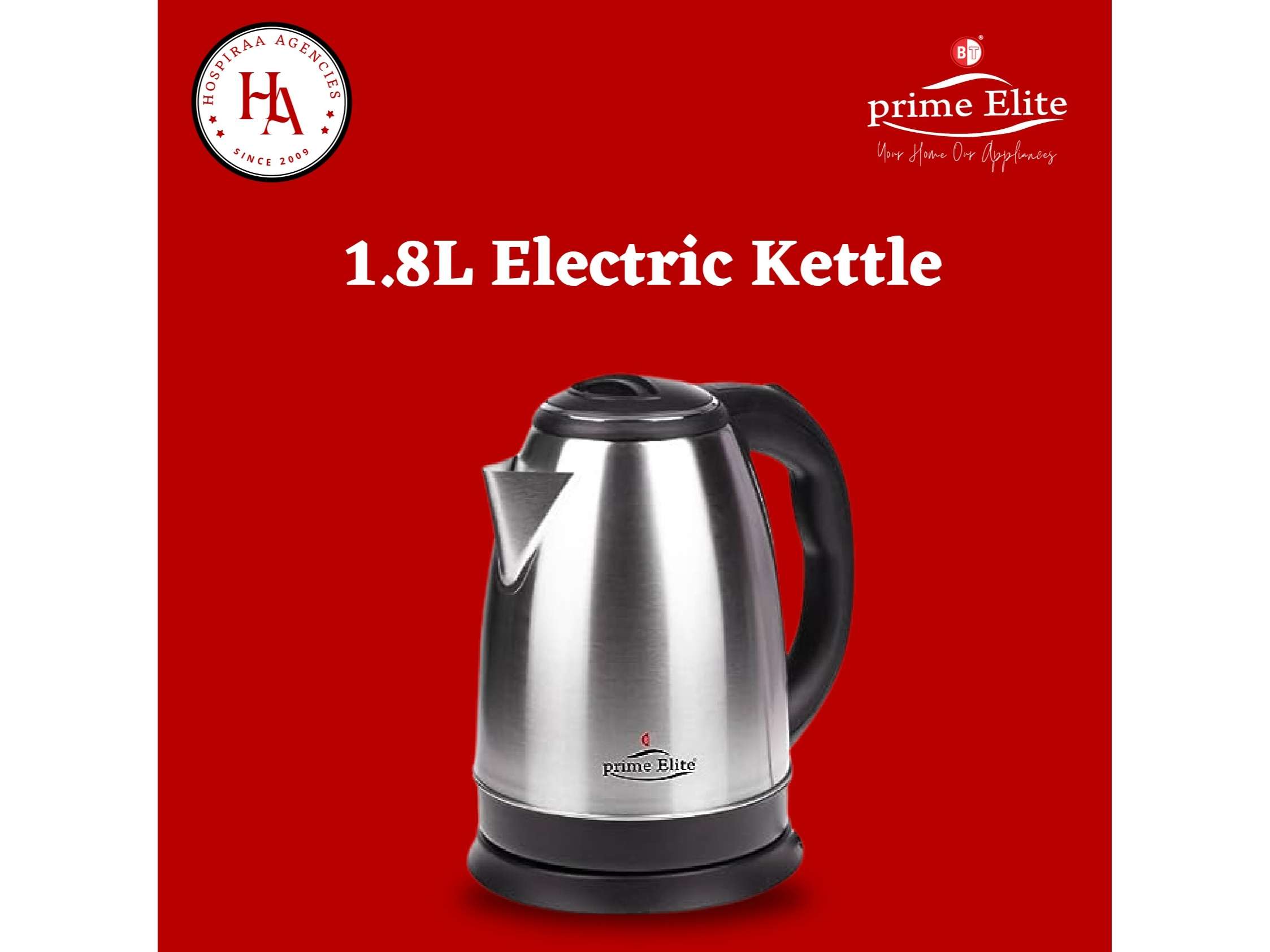 Prime Elite 1.8 Litre Electric Kettle 1500W Stainless Steel Body Fast Boiling Auto Shut Off Boil Dry Protection Cordless Kettle