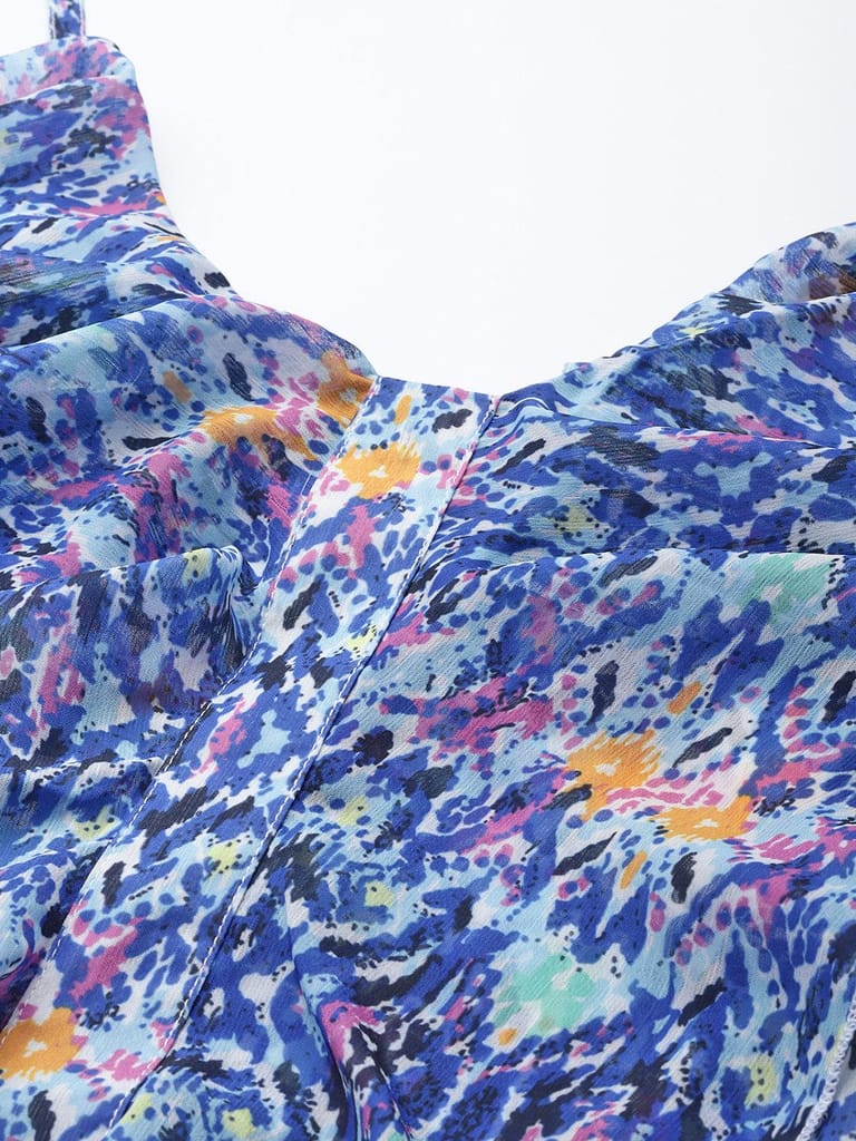 Blue & Orange Print Ruffles Top view 2