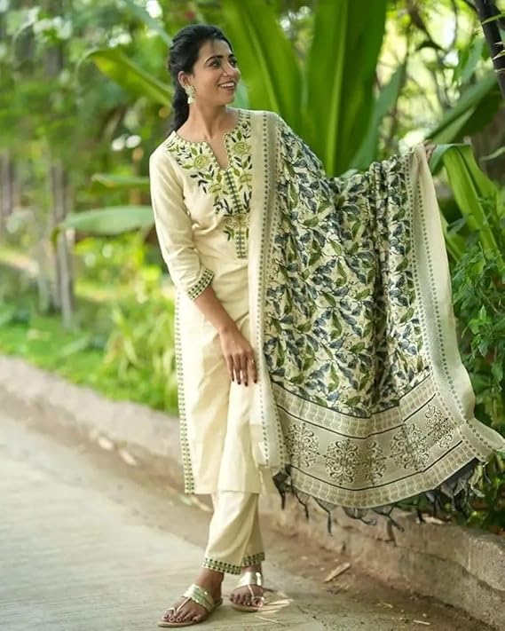 Womens Embroidered Cotton Flex Kurta Set with Art Silk Dupatta 3-Piece Kurti Pant Dupatta Set Heavy Embroidery Work view 2