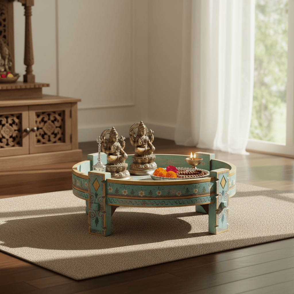 Wooden Beautiful Indian Round Carving Chakki Table | Amazing Antique Coffee Table view 2