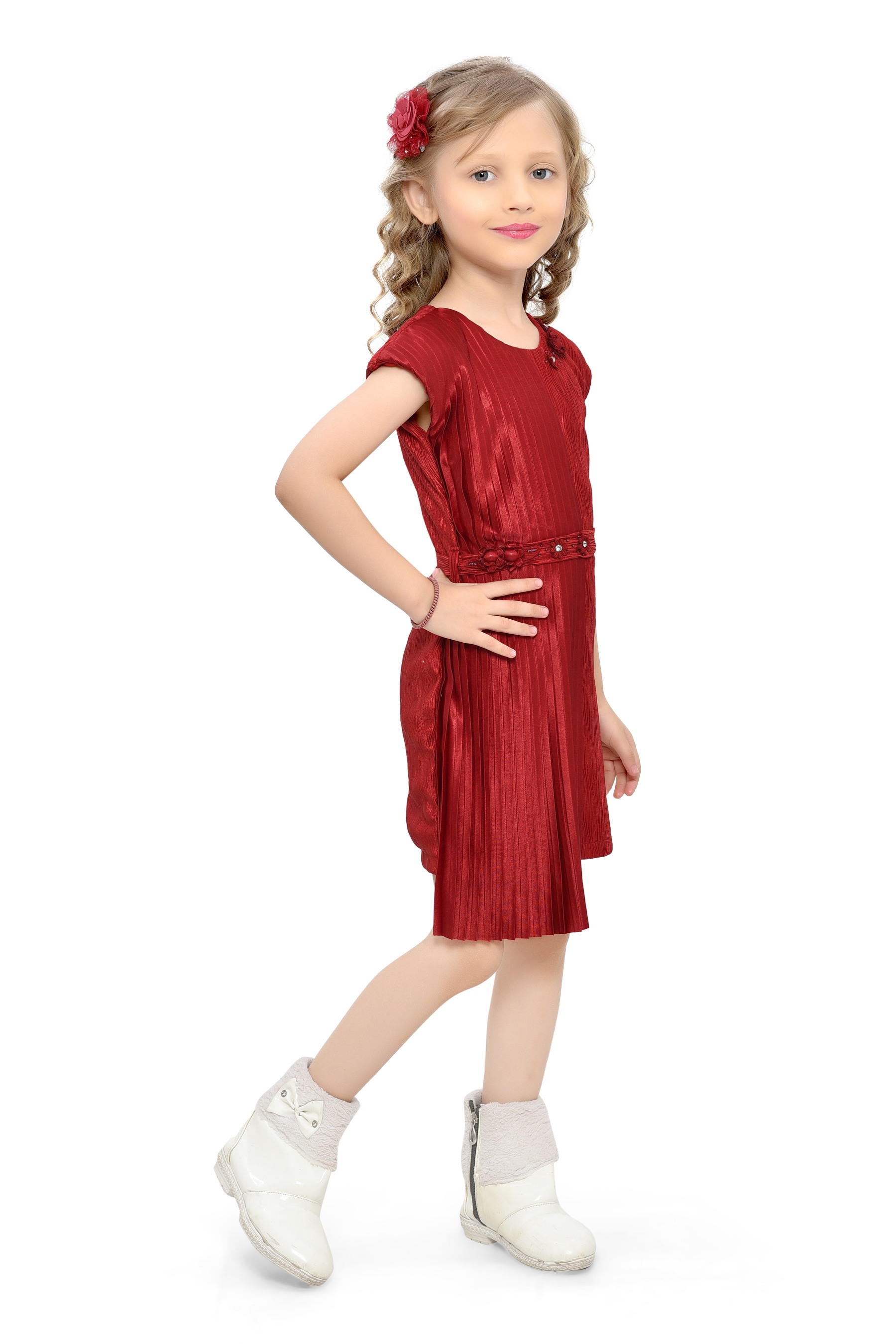 Be:kids Maroon Twirl Girls' Pleated Dress with Metallic Belt and Floral Hair Accessory view 2